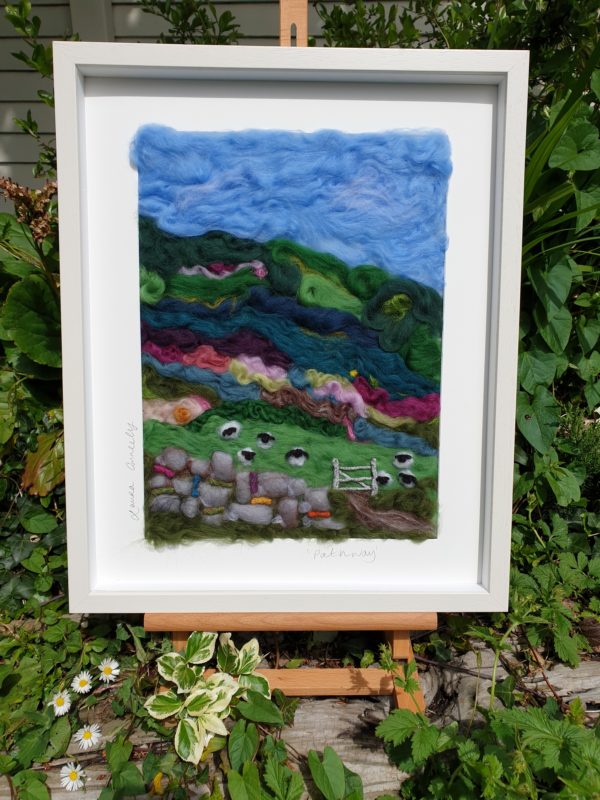 Bog Road, Contemporary, mixed media, textile art, sheep, Irish mountain landscapes, old stone walls, gates, heather, furze, colourful art, Laura Conneely in The Irish Times